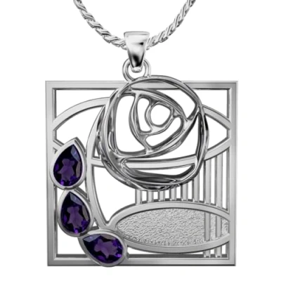 Image of CHARLES RENNIE MACKINTOSH Silver Pendant Clyde Necklace. Set With Amethysts. Jewellery gift box included. 107AM