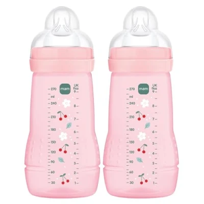 Image of MAM Easy Active Baby Bottle with Medium Flow Teats Size 2, Twin Pack of Bottles, Feeding, 270 ml, Purple (Designs May Vary)