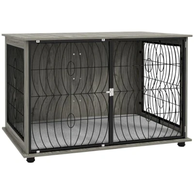 Image of PawHut Dog Crate Furniture, Cage End Table with Large Top, Soft Washable Cushion, Lockable Front Door, Wire Mesh Ventilation, Indoor Pet for Extra Dogs, 118x75x82cm, Grey Wood Effect