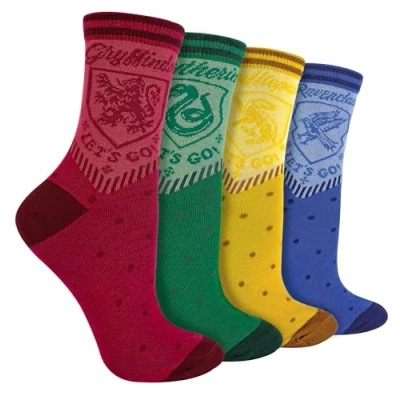 Image of Harry Potter 4 Pairs Socks Novelty Hufflepuff, Slytherin, Gryffindor, Ravenclaw, Hogwarts Gifts (UK, Numeric, 4, 8, Regular, Multicolor)
