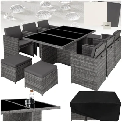 Image of TecTake Polyrattan Garden Furniture Set with Aluminium Base, Including 6 Dining Chairs, 1 Table, 4 Stools, Foldable Lounge Set, For Up To 10 People, Patio grey