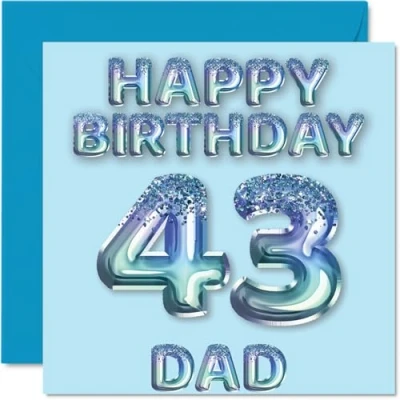 Image of 43rd Birthday Card for Dad Blue Glitter Party Balloons Happy Cards 43 Year Old Father from Son Daughter, 145mm x Bday Greeting Gift