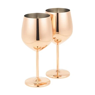 Image of Homiu Stainless Steel Wine Glass 520ml Pack of 2 Rose Gold Silver Glasses Gift Set Shatterproof Goblet (Rose Gold)