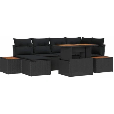 Image of 7 Piece Garden Dining Set with Cushions Black Poly Rattan Acacia vidaXL