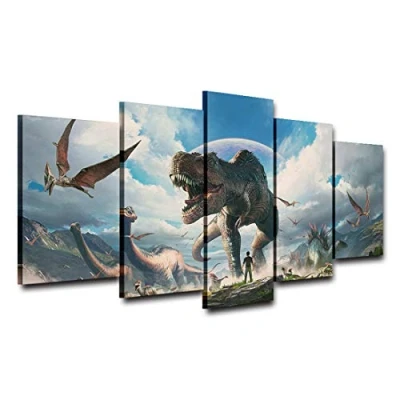 Image of Annick Goutal Jurassic Park Dinosaurs Animal Wall Art Painting Print on Canvas The Picture 5 Pieces Modern Artwork for Home Decoration (With frame,75 x 150 cm)