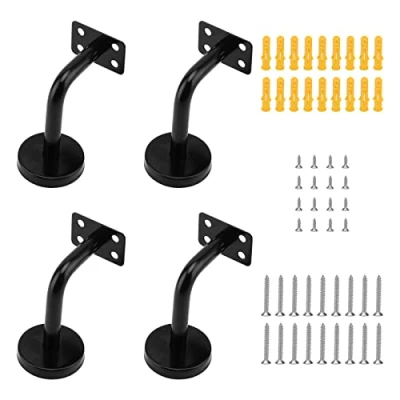 Image of ZEONHAK 4 PCS Black Handrail Brackets, 60x80mm Stainless Steel Mounted Fixing Bannister Brackets with Screws &amp; Expansion Tubes for Stair