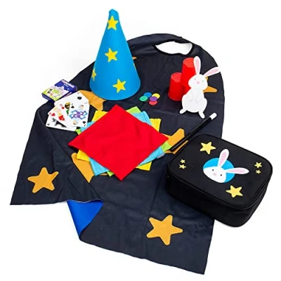 Image of Bigjigs Toys Magic Kit 12 Piece Kids Set with Star Cape, Wand, Top Hat, Rabbit &amp; Tricks for Kids, Magician Dress Up Set, Pretend Play Gift 3+