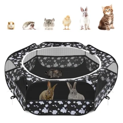 Image of Pawaboo Small Animals Playpen, Waterproof Pet Cage Tent with Zippered Cover, Portable Outdoor Yard Fence 3 Metal Rod for Chick/Kitten/Puppy/Guinea Pig/Rabbits/Hamster, Magnolia