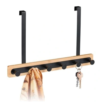 Image of Over Door Hanger, 6 Hooks, Hanging Coat Rack for 2 cm Thickness, Bamboo &amp; Metal, Clothes Storage, Black/Brown Relaxdays