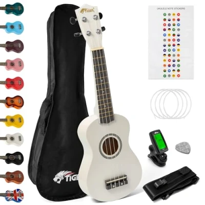 Image of TIGER UKEKIT WH Soprano Ukulele for Beginners includes Gig Bag, Felt Pick, Spare Set of Strings Now Equipped with Aquila White