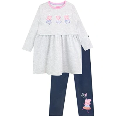 Image of Peppa Pig Girls Dress and Leggings Outfit Set Grey 7 8 Years