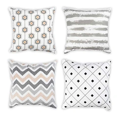 Image of Penguin Home Set of 4 100% Slub Cotton Fabric Cushion Covers 45cm x Double Sided Square Pillow with Invisible Zipper Cases for Living Room, Bedroom, Sofa (Beige/Black/Grey)