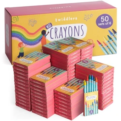 Image of THE TWIDDLERS 50 Boxes of Wax Crayons for Kids, 6 Per Box, 300 Total Mixed Coloured, Perfect Mini Crayon Packs Party Bag Fillers, School Classrooms, Arts &amp; Crafts, Restaurants