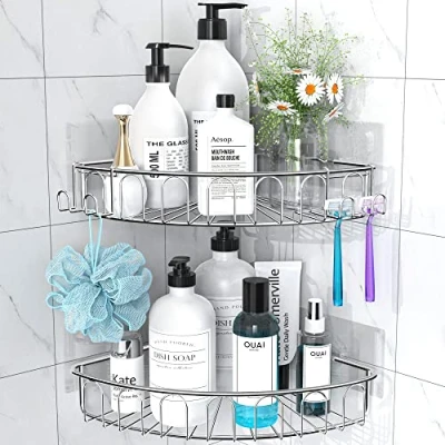 Image of Orimade Adhesive Corner Shower Caddy Shelf with 2 Movable Hooks,Shower No Drilling Wall Mounted Bathroom Accessories SUS304 Stainless Steel Pack, Silver