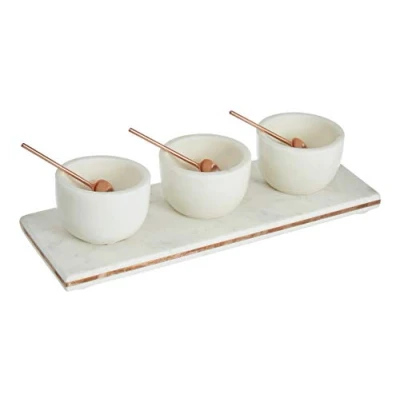 Image of Premier Housewares Marble Serving Tray, 3 Condiment Board, White Marble, Copper Inlay 31cm