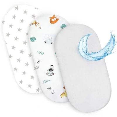 Image of fitted sheet for stroller and cradle baby bed Set of 3: 75 x 35 cm 2x cover with 1x waterproof mattress protector Safari white