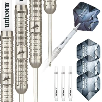 Image of Unicorn Steel Tip Darts Set Seigo &#039;The Ninja&#039; Asada Silver Star 80% Natural Tungsten Barrels 24 g