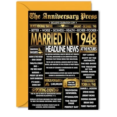 Image of Gold 77th Anniversary Card for Women Men Golden Newspaper Married in 1948 Happy 77 Year Wedding Partner Wife Companion Husband, 5x7 Inch Anniversaries Greeting Cards