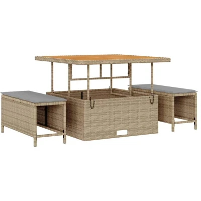 Image of vidaXL 3 Piece Garden Dining Set with Cushions Beige Poly Rattan Acacia