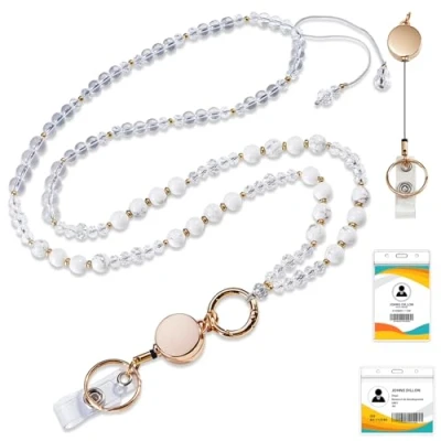 Image of Lanyard with Card Holder, Natural Beaded for Neck, Badge Holder Neck Strap, Detachable Strap Retractable Reel Women Nurse Teacher Student