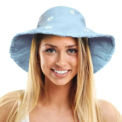 Image of TOSKATOK Ladies Womens UPF 50+ Soft Washed Cotton Bucket Sun hat with Embroidered Daisy Motifs, Shapeable Brim and Frayed Edge 1 Blue