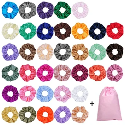 Image of 40 PCS Silk Satin Hair Scrunchies, Colorful Scrunchy Set Strong Elastic Bobble Bands, Solid Color Traceless Accessories Ropes Ties For Women Girls Ponytail Holder, Colors