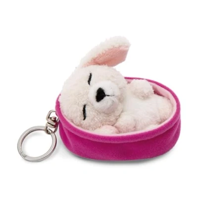 Image of Nici 49992 Keyholder Sleeping Pets Dog Poodle White 8cm Basket Mallow Sustainable Companion Cuddly Animal Pendant with Metal Ring to Hang on Keys, Cord, Bag