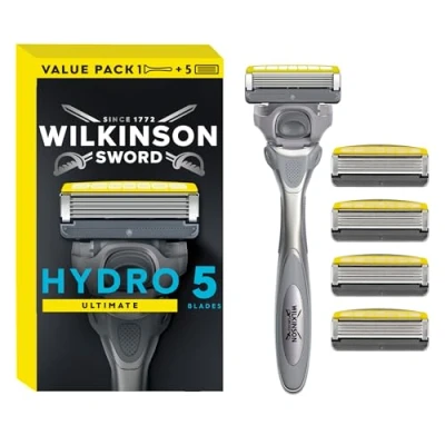 Image of WILKINSON SWORD Hydro 5 Ultimate Razor for Men Shock Absorb Technology Hydrating Gel &amp; Precision Trimmer Plus 4 Blades Refills Pack