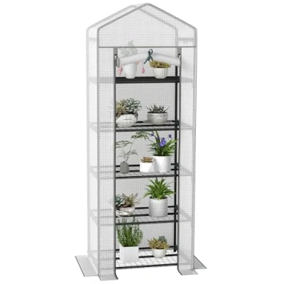 Image of Outsunny 5 Tier Mini Greenhouse Grow House with Roll Up Door White/Grey 845 383V03WT