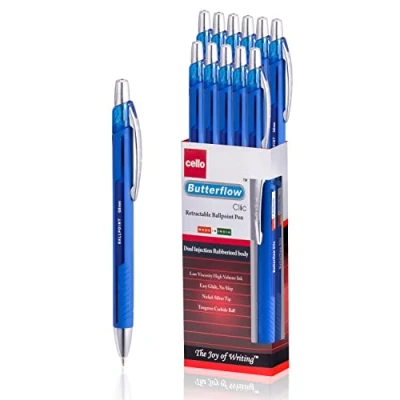 Image of Cello Blue Retractable Ballpoint Pen MediumTip Ergonomic Handle (0.8 mm) 24 Pcs