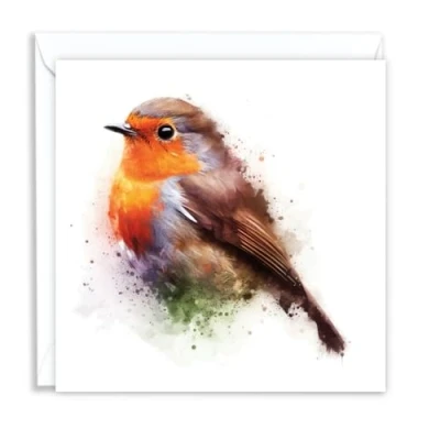 Image of British Robin Wild Birds Watercolour Splash Effect Artistic Blank Greeting Card