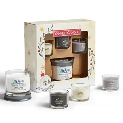Image of Yankee Candle Gift Set 3 Scented Filled Votive Candles &amp; 1 Signature Small Tumbler Snow Globe Wonderland Collection Perfect Gifts for Women, 1716529E, 2022 Jar +