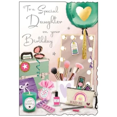 Image of Daughter Birthday Card Special Make Up and Beauty Girly Design Finishes Illustrated Insert Leaf Made in the UK