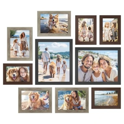 Image of SONGMICS Set of 10 Picture Frames, Two 20 x 25 cm (8 Inches), Four 13 18 (5 7 15 (4 6 Plastic Front, MDF, Maroon Brown, Heather Greige, Ash Black RPF310K03