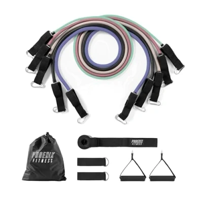 Image of Phoenix Fitness Resistance Bands Set of 5 Tubes with Handles, Ankle Straps &amp; Door Anchor Carry Bag Exercise for Men and Women Strength Training Rehabilitation (Pastel)
