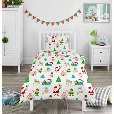 Image of Bloomsbury Mill Kids Christmas Bedding Single Duvet Set for Boys &amp; Girls Bed Childrens Winter Xmas Cover and Pillow Case 135x200cm White