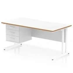Image of Oslo 1600 x 800mm Edge Office Desk White Top Natural Wood Cantilever Leg Workstation 1 3 Drawer Fixed Pedestal