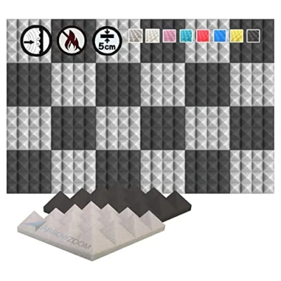 Image of Arrowzoom 24 Acoustic Panels Pyramid Sound Absorbing Treatment Tiles 25x25x5cm Recording Studio Noise Cancellation Acoustical Walls Dampening Foam Fire Retardant Gray Black
