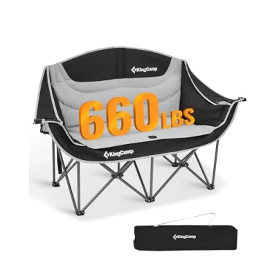 Image of KingCamp Double Camping Chairs for Adults Heavy Duty Chair 2 Seater with Cup Holder and Armrest Oversize Folding Garden Picnic Fishing Festival Football Concert Black