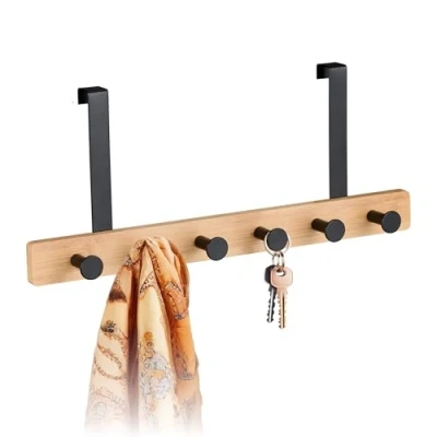 Image of Relaxdays Door Hanger, 4 Hooks, Hanging Coat Rack for 2 cm Thickness, Bamboo &amp; Metal, Clothes Storage, Brown/Black, Steel, 17 x 40 7