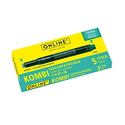 Image of Online Double Sided Pen Ink cartridges, Universal Refills, Compatible with All Common Fountain pens, Even Lamy pens 5 Spare cartridges Colour Turquoise