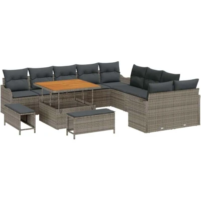 Image of vidaXL 13 Piece Garden Sofa Set with Cushions Grey Poly Rattan Acacia
