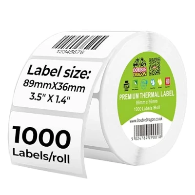 Image of Double Dragon, 1,000 Direct Thermal Labels, 89mm x 36mm, Premium Coated, Self Adhesive White Stickers, for Zebra, MUNBYN, Toshiba, Citizen, Eltron Printers and More