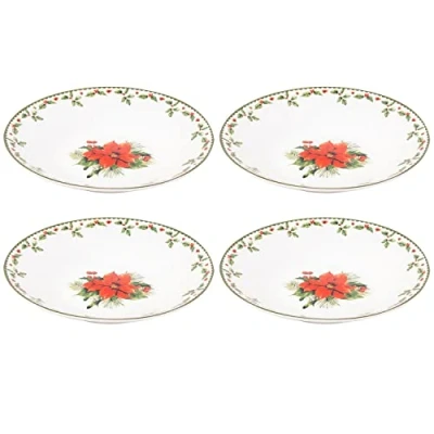 Image of Harvey &amp; Mason Set Of 4 Bowls Christmas Holly Porcelain Festive Dinner Setting Xmas Decor
