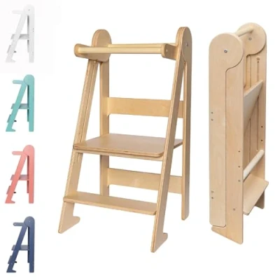 Image of TOYBOX Learning Tower, Montessori Toddler Kitchen Foldable &amp; Compact Helper Stool for Toddlers with Safety Rail (Natural Wood)