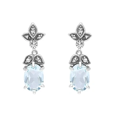 Image of Esse Marcasite Sterling Silver Art Nouveau Blue Topaz Drop Earrings
