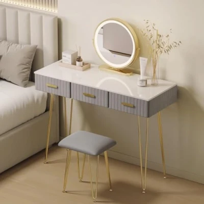 Image of WOLTU Dressing Table with LED Lights Mirror, Vanity Adjustable Brightness Makeup Desk 3 Drawers and Stool Set, Feet, Bedroom Dresser,100x40cm, White+Golden+Grey
