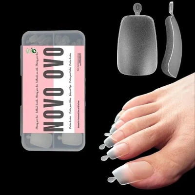 Image of NOVO OVO 120 Long Toe Nail Tips Press on, Curved Full Cover Longtoes Claw, Clear Double Matte Fake Extension for Pedicure Acrylic, Tapered Square Soft Gel False Toenails x 12 Sizes in Box