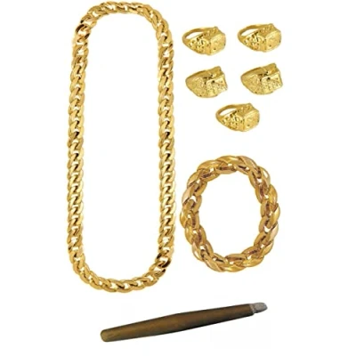 Image of Mega_JumbleSale® Men&#039;s Pimp Rapper 80&#039;s 90&#039;s Del Boy Gangster Mr. T Mohawk 8 Piece Fancy Dress Accessories Set