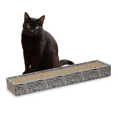 Image of Croci Zebra Cardboard scratching post for cats, rectangle with 2 reversible layers, non slip feet, catnip bag included, 48x12,5x5 cm